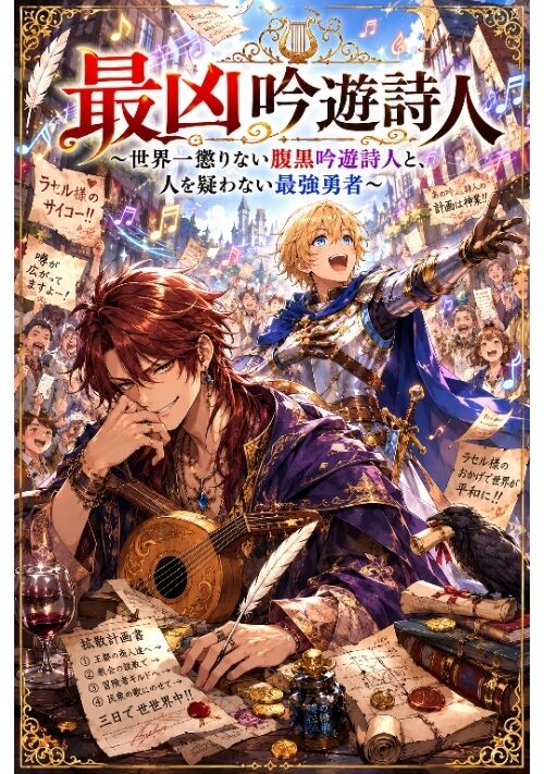 『最凶吟遊詩人　～世界一懲りない腹黒吟遊詩人と、人を疑わない最強勇者～』（aya） 表紙
