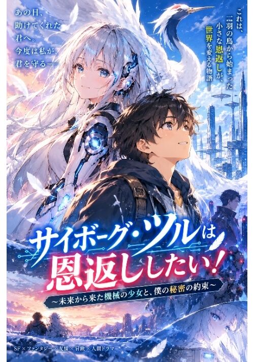 『『サイボーグ・ツルは恩返ししたい！ ～未来から来た機械の少女と、僕の秘密の約束～』』（クタコンドリア） 表紙