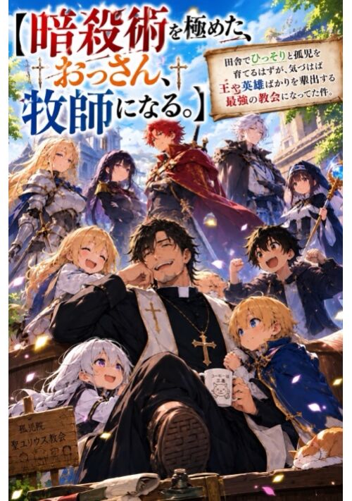 『【暗殺術を極めたおっさん、牧師になる。】田舎でひっそりと孤児を育てるはずが、気づけば王や英雄ばかりを輩出する最強の教会になってた件。』（神崎あら） 表紙