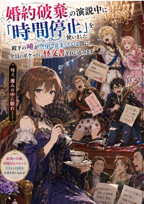 『婚約破棄の演説中に「時間停止」を使いました。殿下の唾が空中で止まっている間に、全員のポケットに怪文書をねじ込みます』（ぱすた屋さん） 表紙