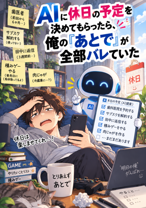 『AIに休日の予定を決めてもらったら、俺の『あとで』が全部バレていた』（よみなぎ） 表紙