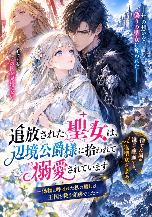 『『追放された聖女は、辺境公爵様に拾われて溺愛されています』   〜偽物と呼ばれた私の癒しは、王国を救う奇跡でした〜』（空理） 表紙