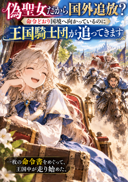 『偽聖女だから国外追放？　命令どおり国境へ向かっているのに王国騎士団が追ってきます』（よみなぎ） 表紙