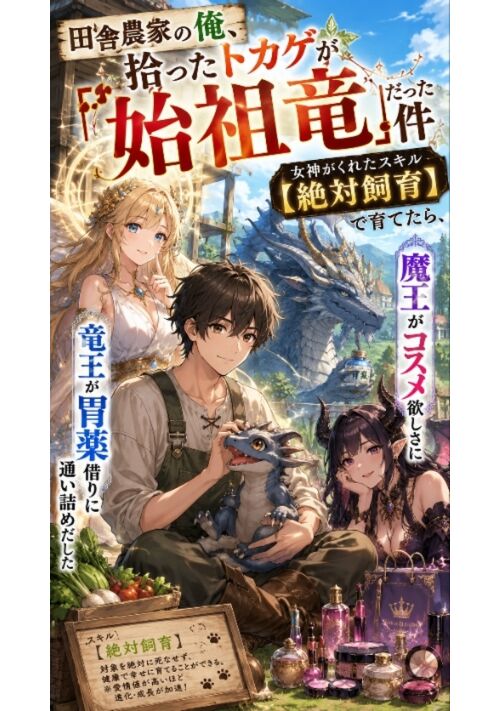 『田舎農家の俺、拾ったトカゲが『始祖竜』だった件〜女神がくれたスキル【絶対飼育】で育てたら、魔王がコスメ欲しさに竜王が胃薬借りに通い詰めだした』（月神世一） 表紙
