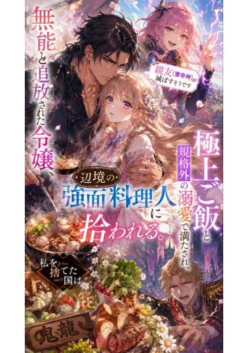 『『無能と追放された令嬢、辺境の強面料理人に拾われる。極上ご飯と規格外の溺愛で満たされ、私を捨てた国は親友が滅ぼすそうです』』（月神世一） 表紙