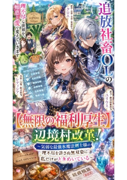 『『追放社畜OLの【無限の福利厚生】辺境村改革！〜気弱な最強氷魔法剣士様の理不尽を許さぬ無双姿に私だけがときめいている〜』』（月神世一） 表紙