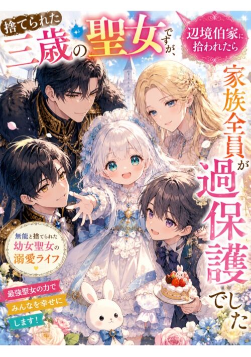 捨てられた三歳の聖女ですが、辺境伯家に拾われたら家族全員が過保護でした 表紙