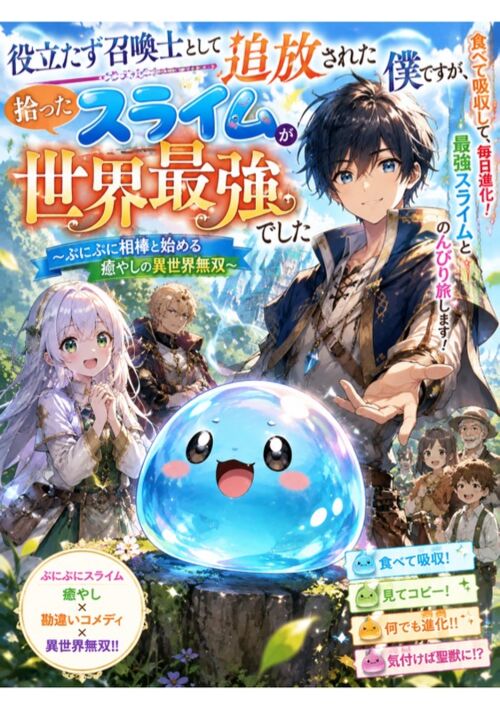 『役立たず召喚士として追放された僕ですが、拾ったスライムが世界最強でした 〜ぷにぷに相棒と始める癒やしの異世界無双〜』（由香） 表紙