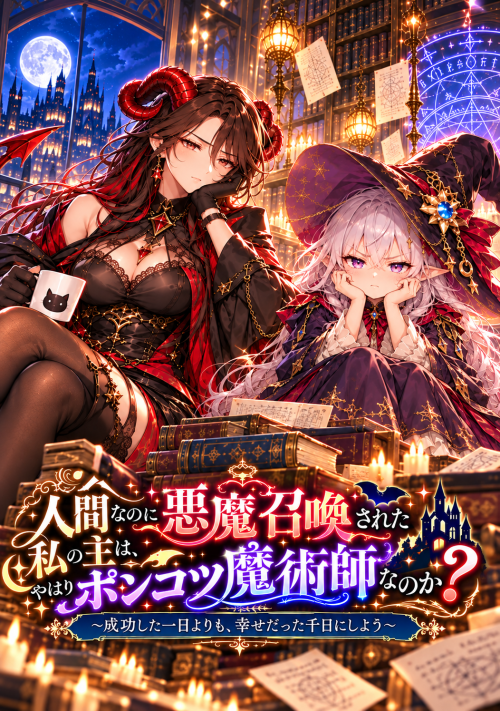 『人間なのに悪魔召喚された私の主は、やはりポンコツ魔術師なのか？ ～成功した一日よりも、幸せだった千日にしよう～』（余田ナツ） 表紙