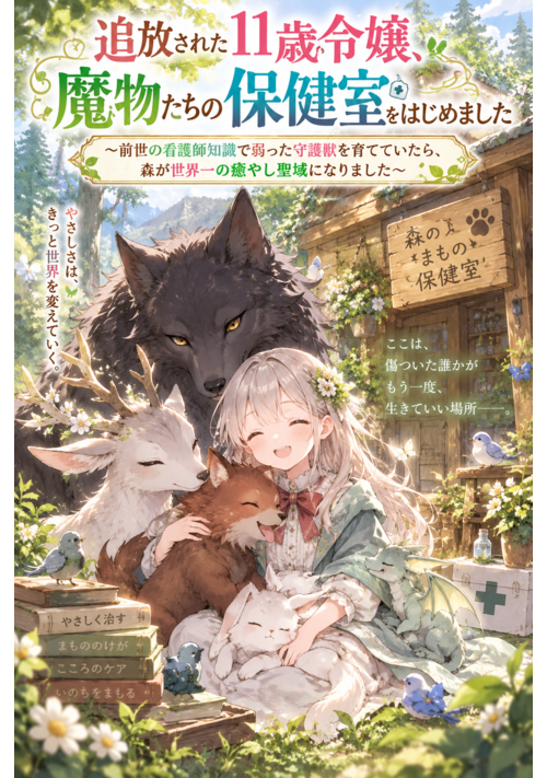 『追放された11歳令嬢、魔物たちの保健室をはじめました』 前世の看護師知識で弱った守護獣を育てていたら、森が世界一の癒やし聖域になりました 表紙