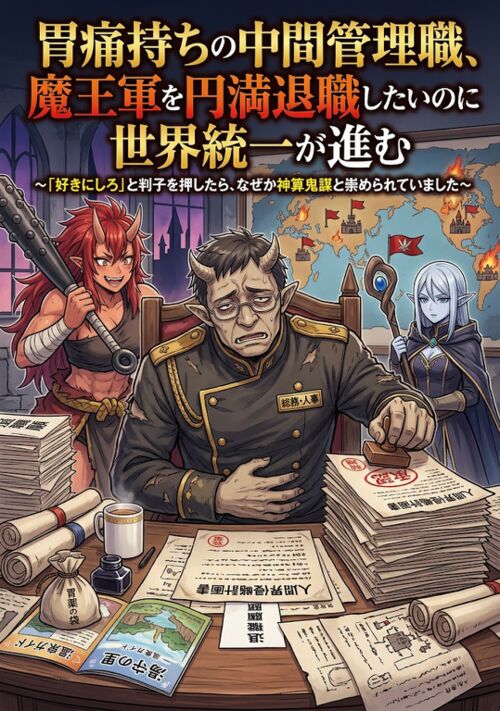 『胃痛持ちの中間管理職、魔王軍を円満退職したいのに世界統一が進む 〜「好きにしろ」と判子を押したら、なぜか神算鬼謀と崇められていました〜』（鈴木重工） 表紙