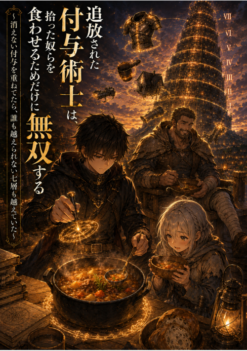追放された付与術士は、拾った奴らを食わせるためだけに無双する　～消えない付与を重ねてたら、誰も越えられない七層も越えていた～