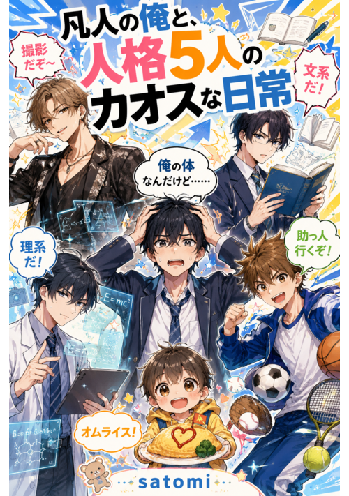 『凡人の俺と、人格5人のカオスな日常』（satomi） 表紙