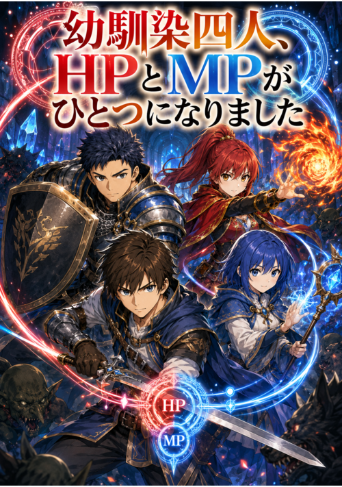 『幼馴染四人、HPとMPがひとつになりました ～四人分あるのに、四人とも遠慮なく使います～』（お米の国から愛をこめて） 表紙