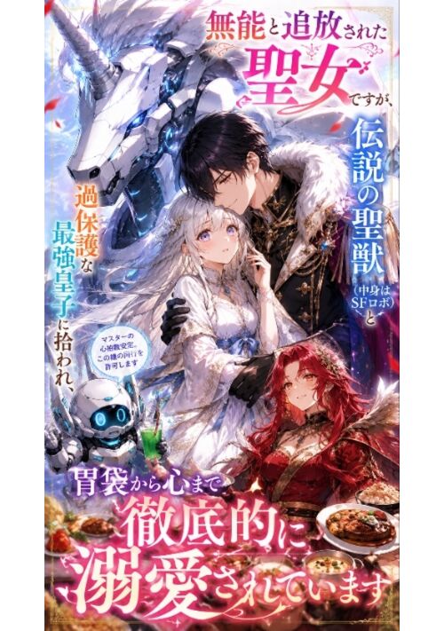 『無能と追放された聖女ですが、伝説の聖獣(中身はSFロボ)と過保護な最強皇子に拾われ、胃袋から心まで徹底的に溺愛されています』（月神世一） 表紙