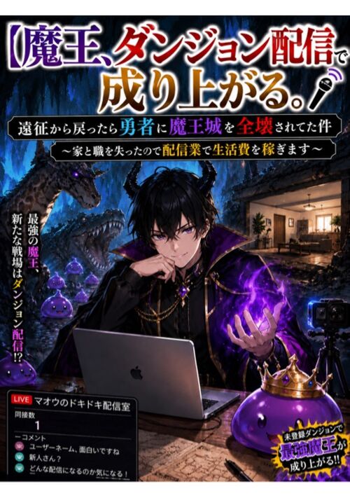 『【魔王、ダンジョン配信で成り上がる。】遠征から戻ったら勇者に魔王城を全壊されてた件〜家と職を失ったので配信業で生活費を稼ぎます〜』（神崎あら） 表紙