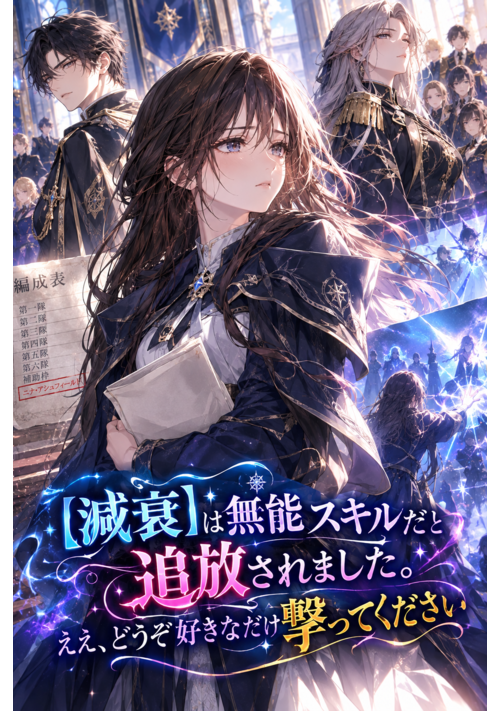 『【減衰】は無能スキルだと追放されました。ええ、どうぞ好きなだけ撃ってください』（桜野結） 表紙