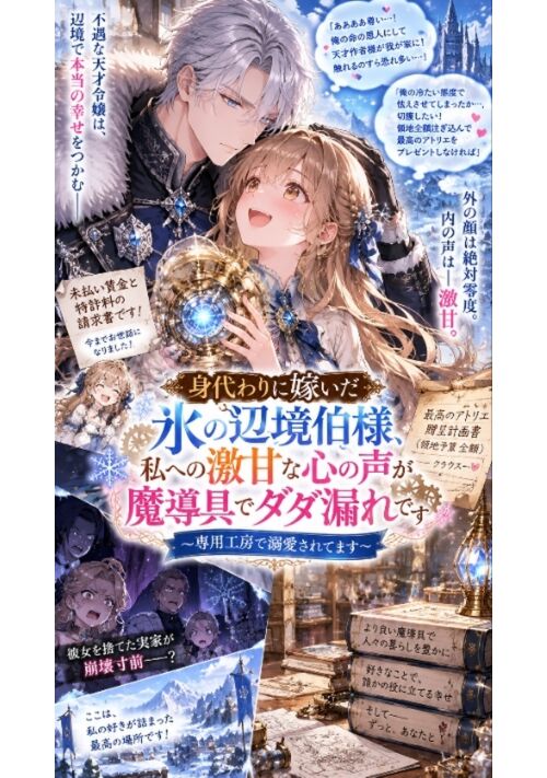 『身代わりに嫁いだ氷の辺境伯様、私への激甘な心の声が魔導具でダダ漏れです〜専用工房で溺愛されてます〜』