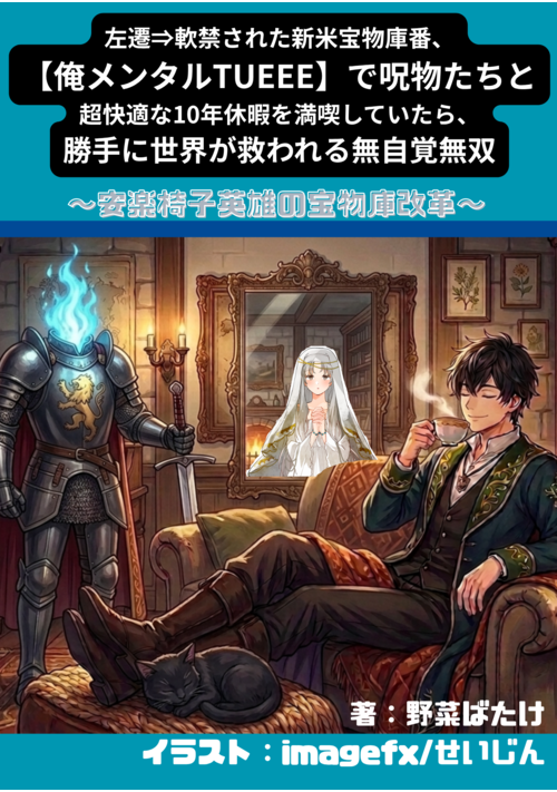 『左遷⇒軟禁された新米宝物庫番、【俺メンタルTUEEE】で呪物たちと超快適な10年休暇を満喫していたら、勝手に世界が救われる無自覚無双　～安楽』（野菜ばたけ＠既刊５冊📚好評発売中！） 表紙