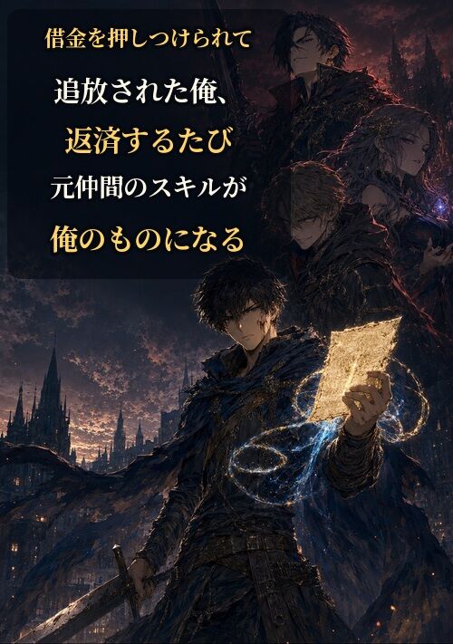 『借金を押しつけられて追放された俺、返済するたび元仲間のスキルが俺のものになる』（月瀬　リュカ） 表紙