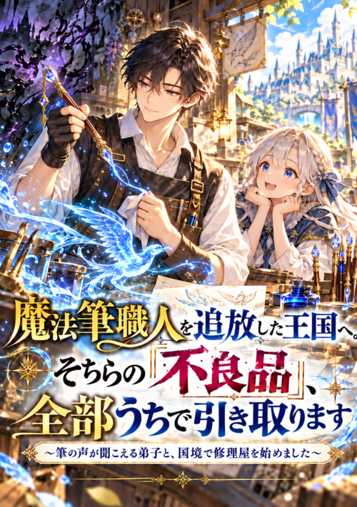 『魔法筆職人を追放した王国へ。そちらの『不良品』、全部うちで引き取ります～筆の声が聞こえる弟子と、国境で修理屋を始めました～』（余田ナツ） 表紙