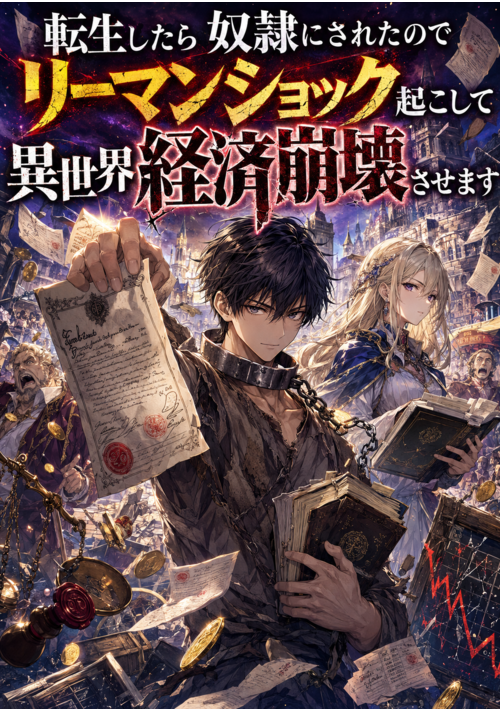 『転生したら奴隷にされたのでリーマンショック起こして異世界経済崩壊させます』（鯖野智子） 表紙