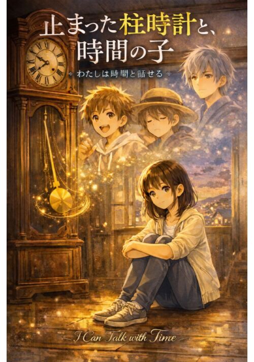 『 止まった柱時計と、時間の子―わたしは時間と話せる―』（明石竜） 表紙