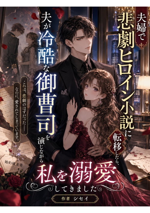 『夫婦で悲劇ヒロイン小説に転移したら、夫が冷酷な御曹司を演じながら私を溺愛してきました』（熾星） 表紙