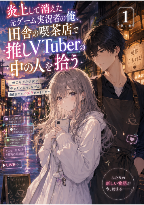 『炎上して全てを失った元ゲーム実況者の俺、田舎の寂れた商店街で“推しの中の人”を拾う 〜無口な天才VTuber少女と始める、人生やり直し配信〜』（大黒天喜多） 表紙