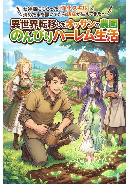 『異世界転移したオッサンの農園のんびりハーレム生活～女神様にもらった「浄化スキル」で清めた水を撒いてたら幼女が生えてきた～』（橘まさと） 表紙