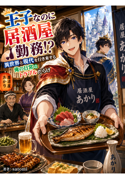 『王子なのに居酒屋勤務⁉異世界と現代を行き来する俺の日常はトラブルだらけ』（satomi） 表紙