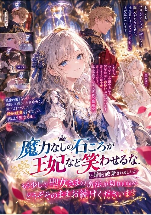 「魔力なしの石ころが王妃など笑わせるな」と婚約破棄されましたが、もう少しで聖女さまの魔法が切れますので、どうぞそのままお続けくださいませ 表紙