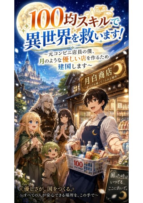 『『100均スキルで異世界無双！～元コンビニ店員の僕は、月のような優しい店を作って建国します～』』（月神世一） 表紙