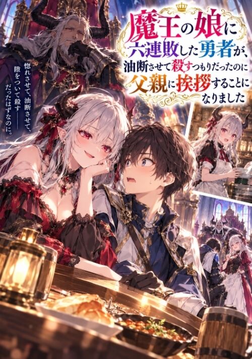 『魔王の娘に六連敗した勇者が、油断させて殺すつもりだったのに父親に挨拶することになりました』（桜野結） 表紙