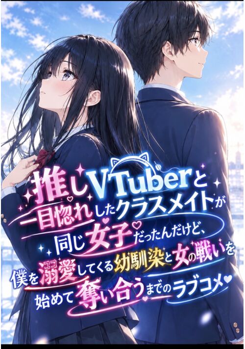 『推しVTuberと一目惚れしたクラスメイトが同じ女子だったんだけど、僕を溺愛してくる幼馴染と女の戦いを始めて奪い合うまでのラブコメ』（十色） 表紙