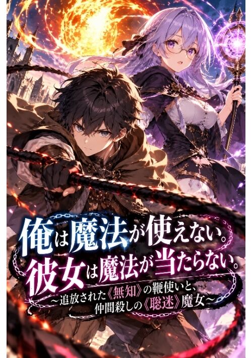 『俺は魔法が使えない。彼女は魔法が当たらない。～追放された《無知》の鞭使いと、仲間殺しの《聡迷》魔女～』（亜蓮） 表紙