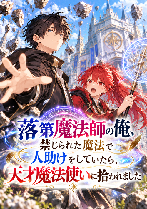 『落第魔法師の俺、禁じられた魔法で人助けをしていたら、天才魔法使いに拾われました ～無資格の補助魔法師、規格外すぎて魔法協会が頭を抱える～』（余田ナツ） 表紙