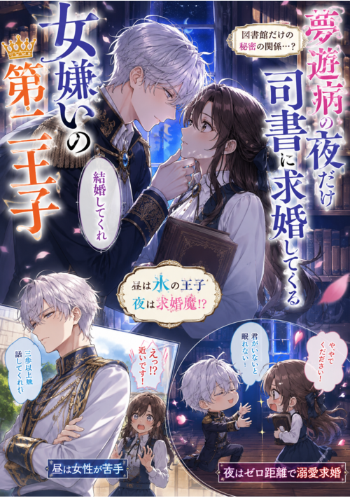 女嫌いの第二王子、夢遊病の夜だけ司書に求婚してくる