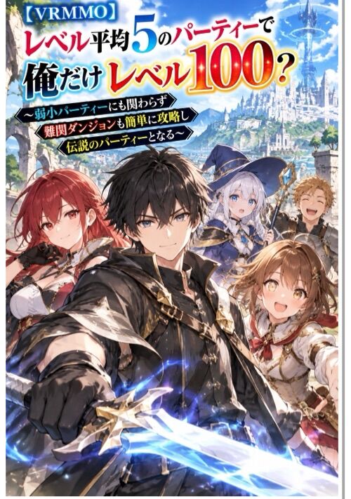 『【VRMMO】レベル平均5のパーティーで俺だけレベル100？〜弱小パーティーにも関わらず難関ダンジョンも簡単に攻略し伝説のパーティーとなる〜』（神崎あら） 表紙