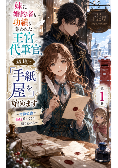 『妹に婚約者も功績も奪われた王宮代筆官、辺境で「手紙屋」を始めます～冷徹公爵が毎日通ってきて帰りません～』（天哭斎黒麒麟） 表紙