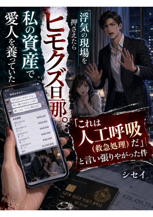 『私の資産で愛人を養っていたヒモクズ旦那。浮気の現場を押さえたら『これは人工呼吸（救急処理）だ』と言い張りやがった件』（熾星） 表紙
