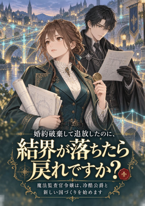 『婚約破棄して追放したのに、結界が落ちたら戻れですか？～魔法監査官令嬢は、冷酷公爵と新しい国づくりを始めます～』（他力本願寺） 表紙