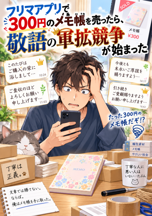 『フリマアプリで300円のメモ帳を売ったら、敬語の軍拡競争が始まった』（よみなぎ） 表紙