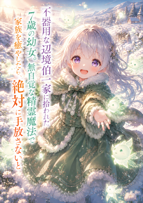 『不器用な辺境伯一家に拾われた7歳の幼女。無自覚な精霊魔法で家族を癒やしたら、絶対に手放さないと溺愛されました』（黒崎隼人） 表紙