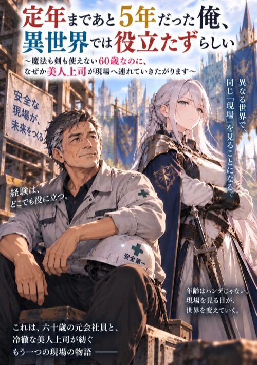 『定年まであと5年だった俺、異世界では役立たずらしい ～魔法も剣も使えない60歳なのに、なぜか美人上司が現場へ連れていきたがります～』 表紙