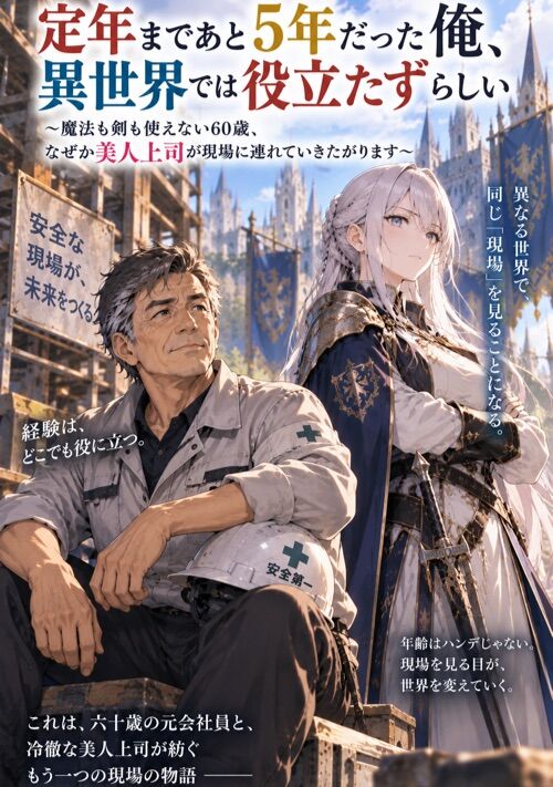 『定年まであと5年だった俺、異世界では役立たずらしい ～魔法も剣も使えない60歳なのに、なぜか美人上司が現場へ連れていきたがります～』 表紙