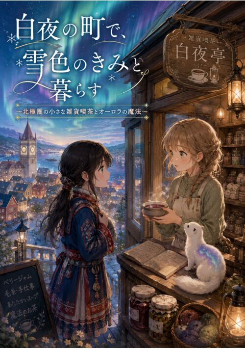 『白夜の町で、雪色のきみと暮らす～北極圏の小さな雑貨喫茶とオーロラの魔法～』（明石竜） 表紙