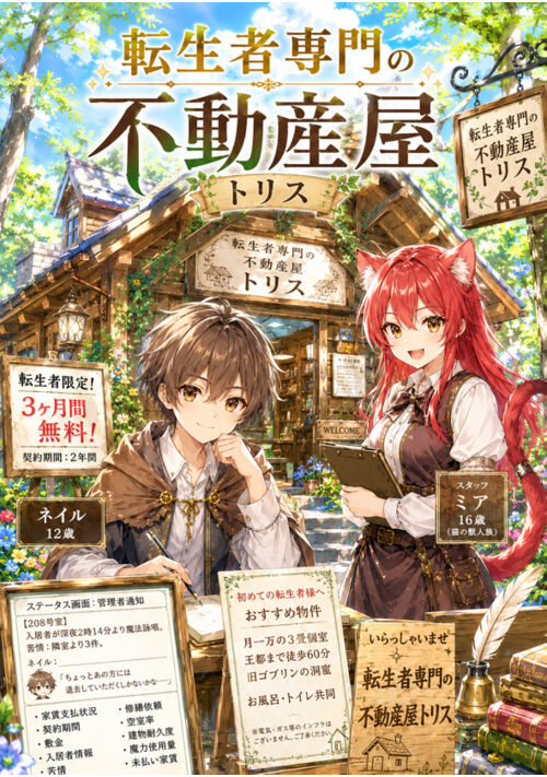 『「転生者専門の不動産屋～三ヶ月無料で異世界生活を始めます～」』（Bull_Terrier） 表紙