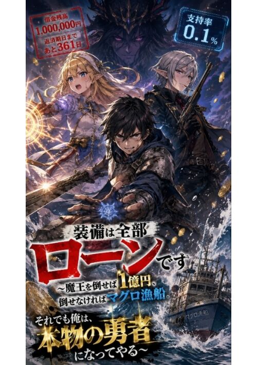 『『装備は全部ローンです〜魔王を倒せば1億円、倒せなければマグロ漁船。それでも俺は、本物の勇者になってやる〜』』（月神世一） 表紙