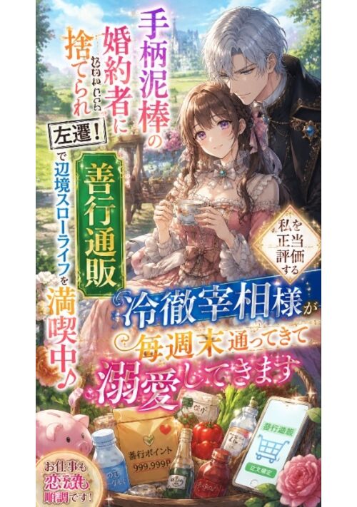 『手柄泥棒の婚約者に捨てられ左遷！「善行通販」で辺境スローライフを満喫中、私を正当評価する冷徹宰相様が毎週末通ってきて溺愛してきます』（月神世一） 表紙